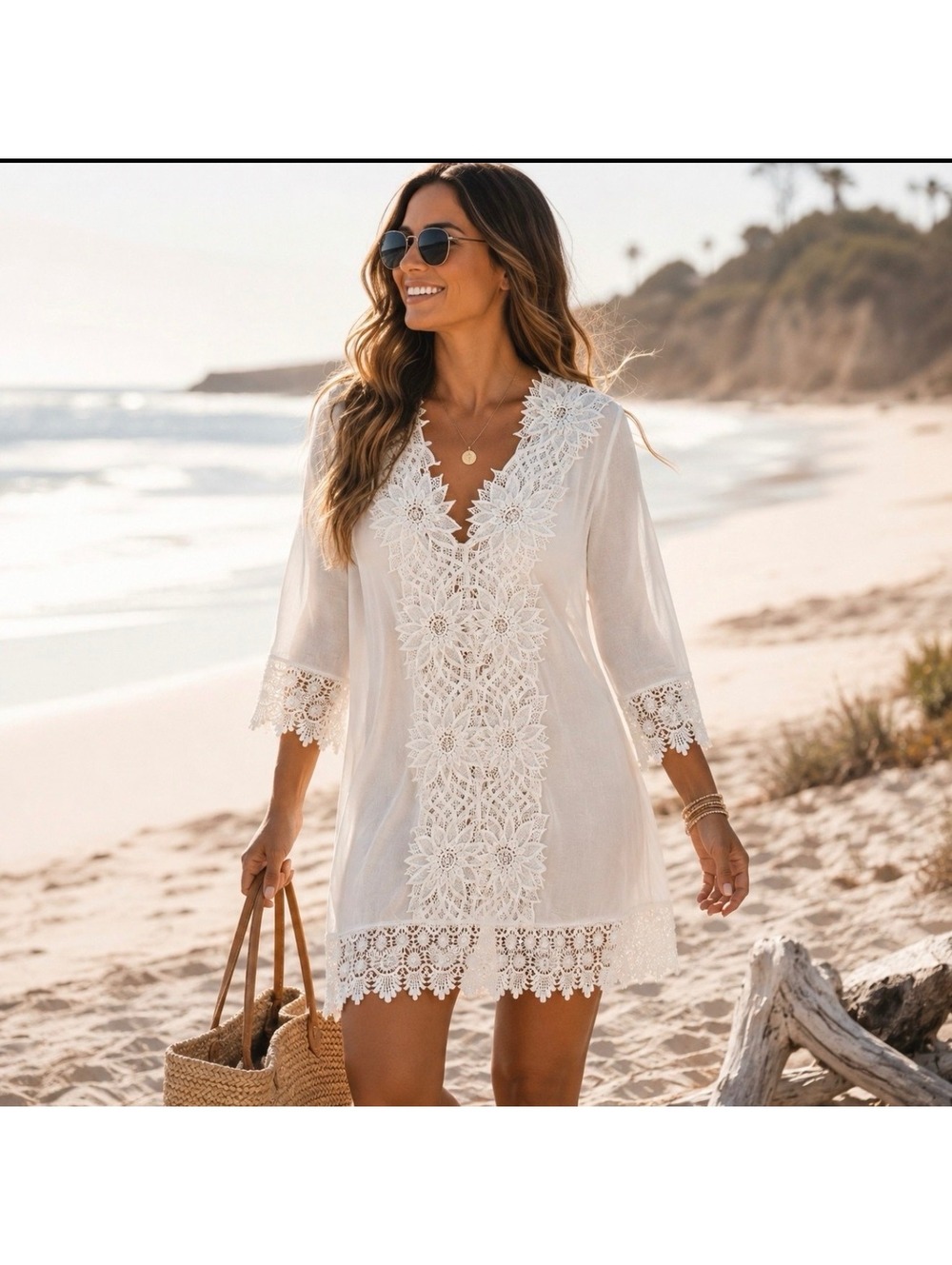 Solitaire Swim White Floral Crochet Lace Cover Up Tunic Size S NWT